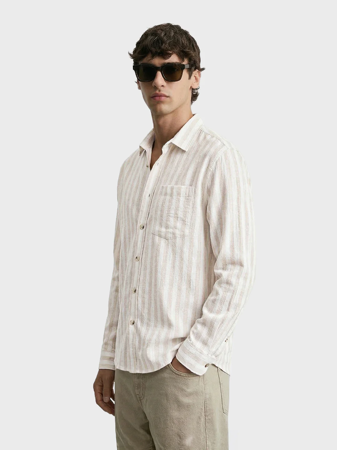Men's Khaki Relaxed Fit Striped Casual Shirt - Image 3
