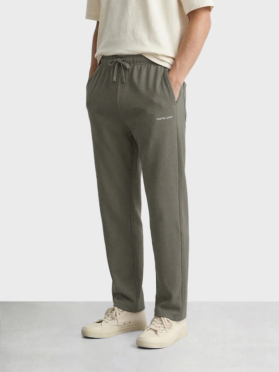 Men's Khaki Relaxed Fit Textured Casual Joggers - Image 2