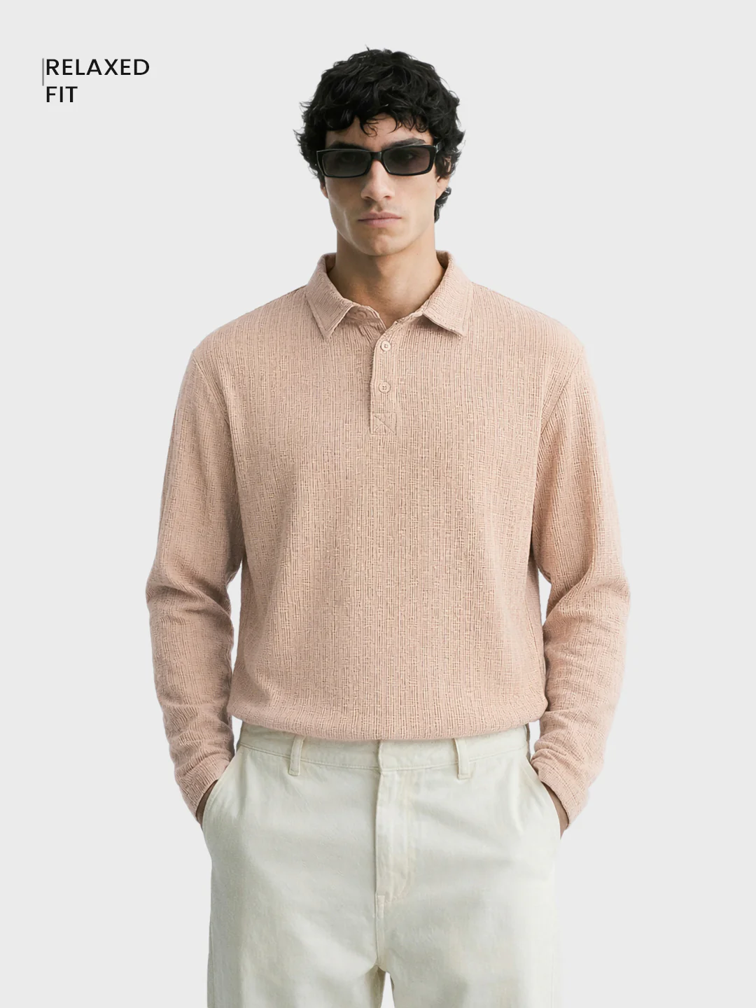 Men's Khaki Relaxed Fit Textured Casual T-Shirts - Image 2