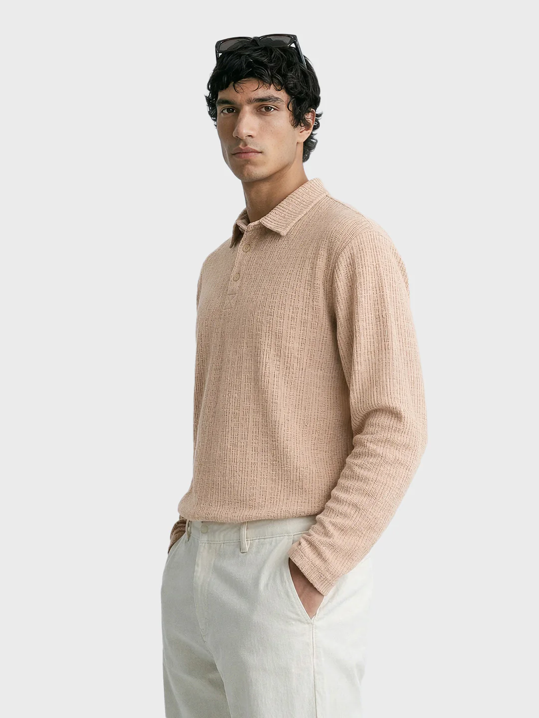 Men's Khaki Relaxed Fit Textured Casual T-Shirts - Image 3