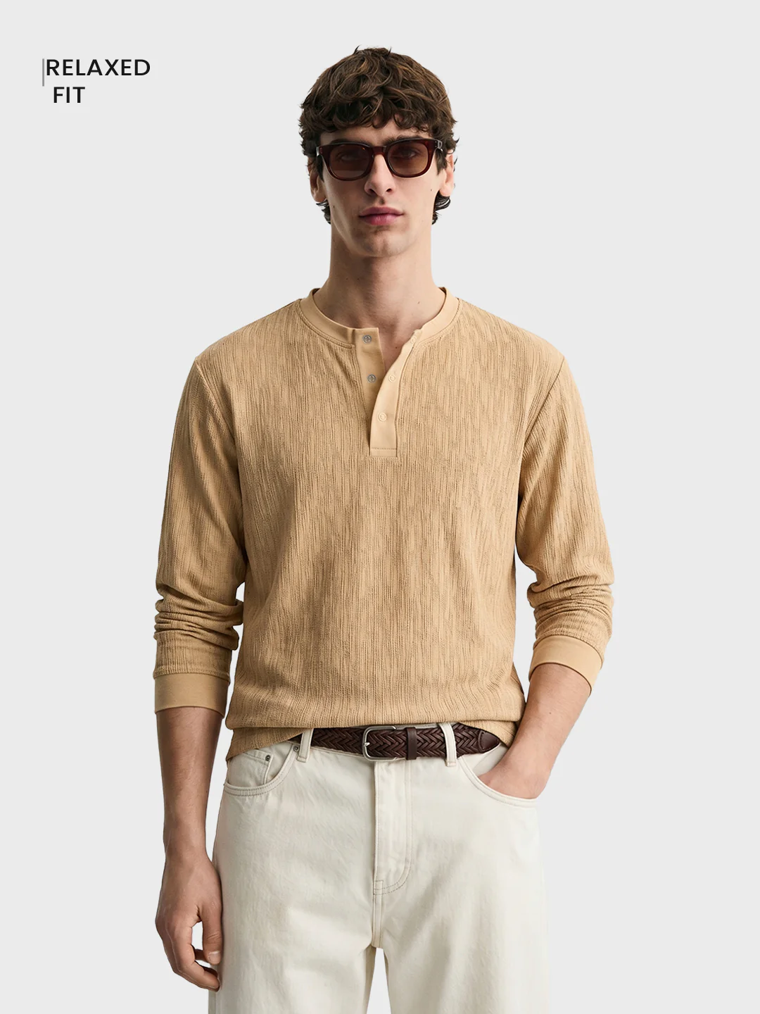 Men's Khaki Relaxed Fit Solid Casual T-Shirts - Image 2