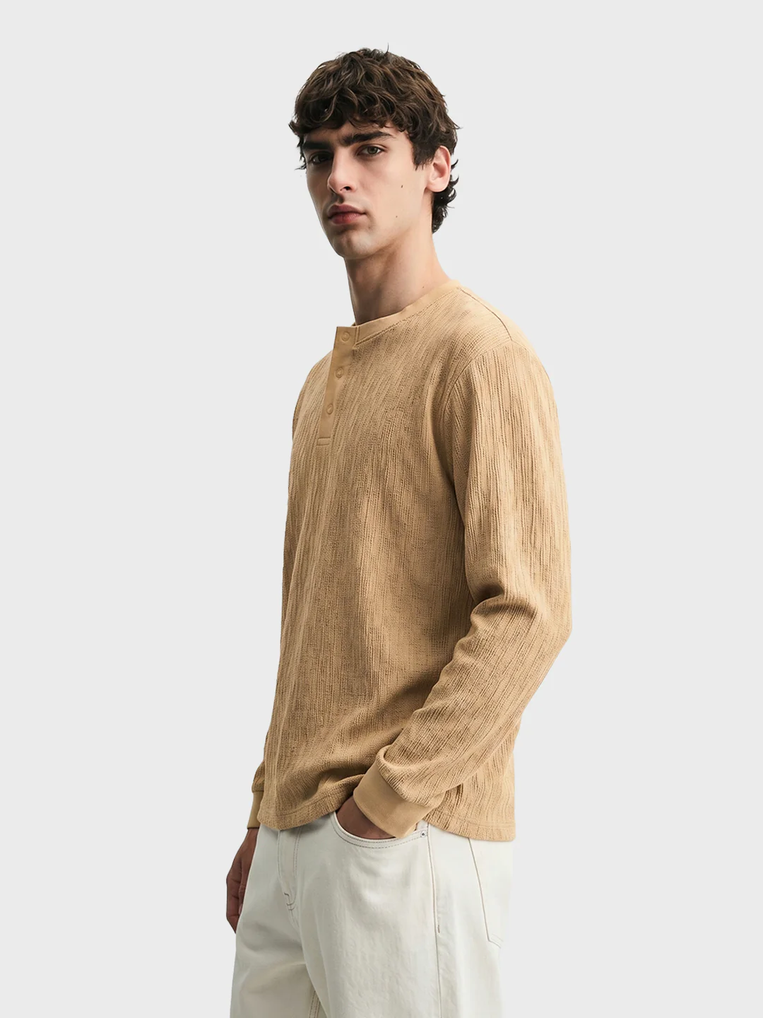 Men's Khaki Relaxed Fit Solid Casual T-Shirts - Image 4