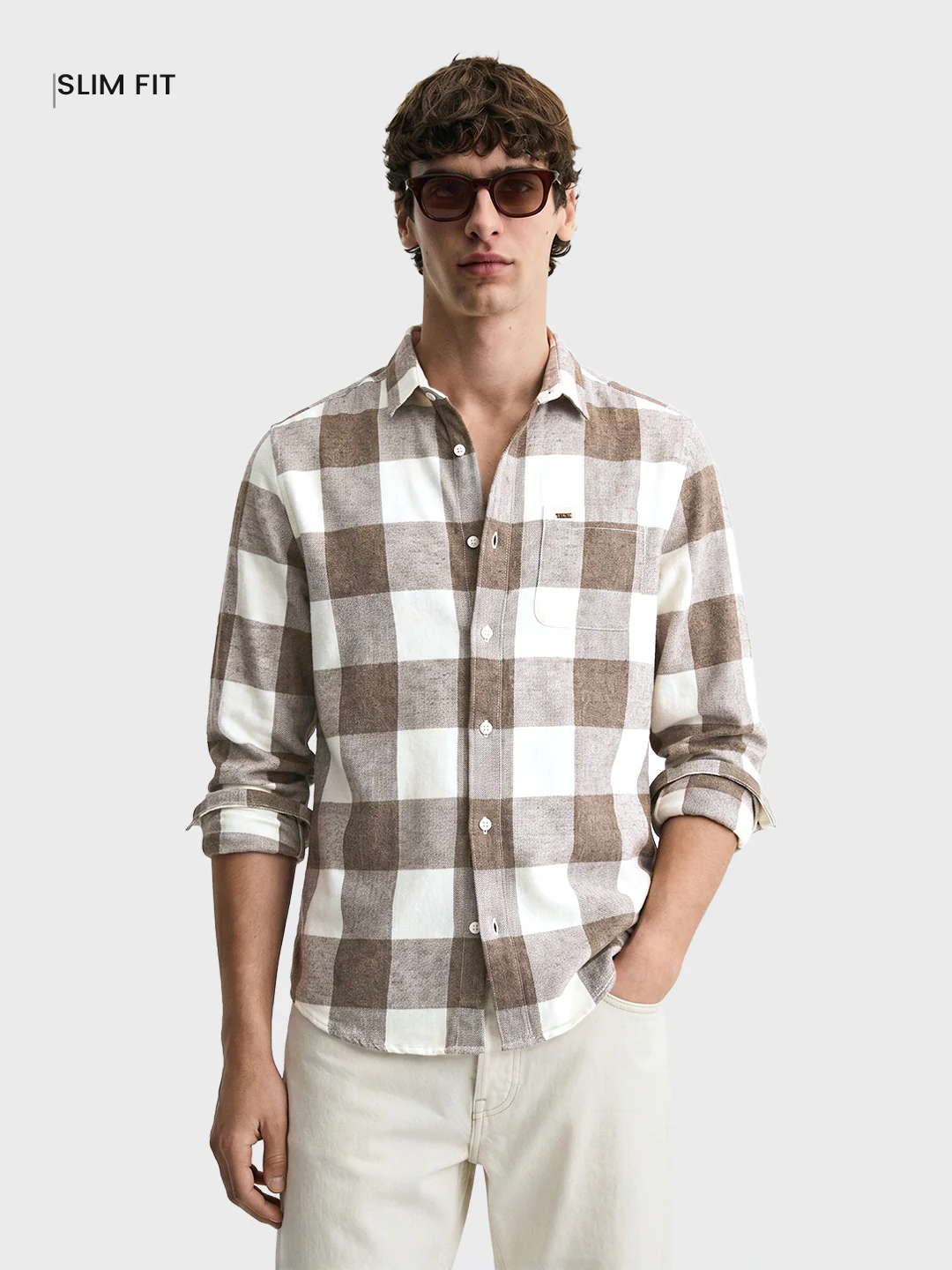 Men's Khaki Slim Fit Checkered Casual Shirt - Image 2
