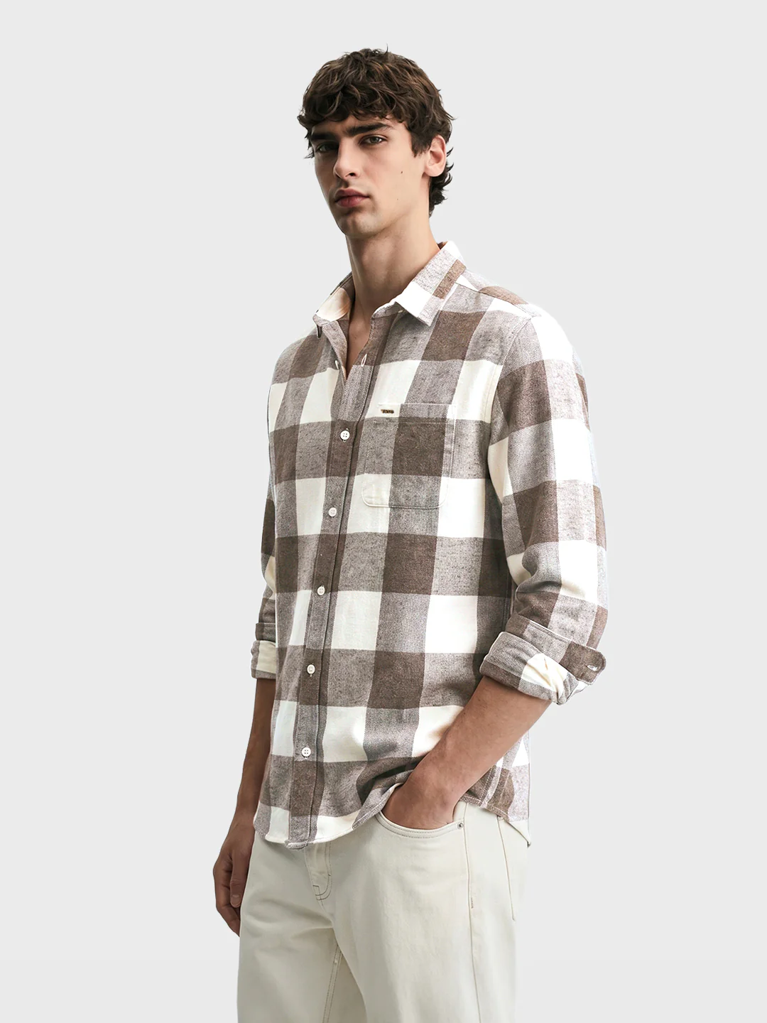 Men's Khaki Slim Fit Checkered Casual Shirt - Image 4