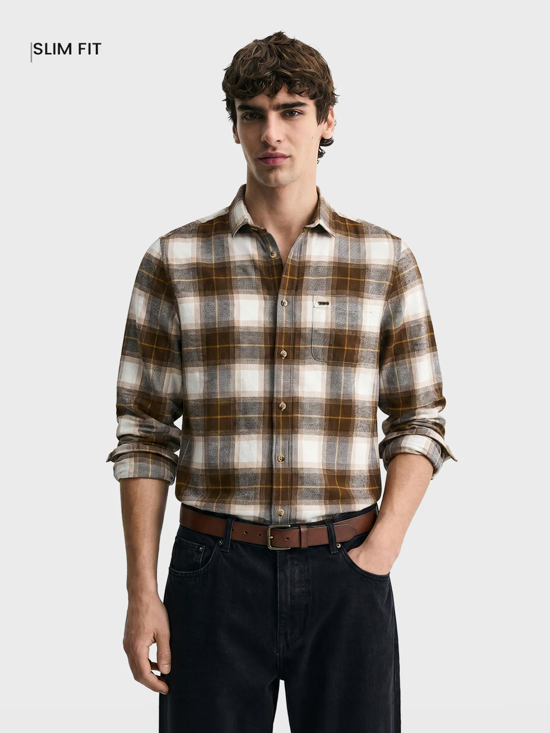Men's Khaki Slim Fit Checkered Casual Shirt - Image 2