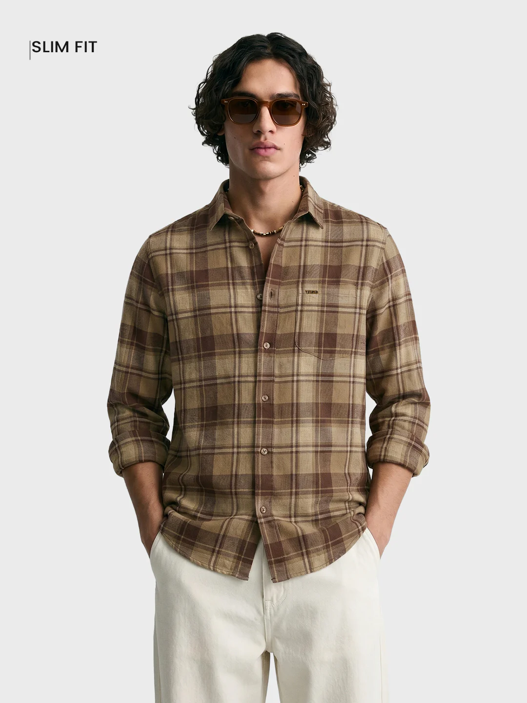 Men's Khaki Slim Fit Checkered Casual Shirt - Image 2