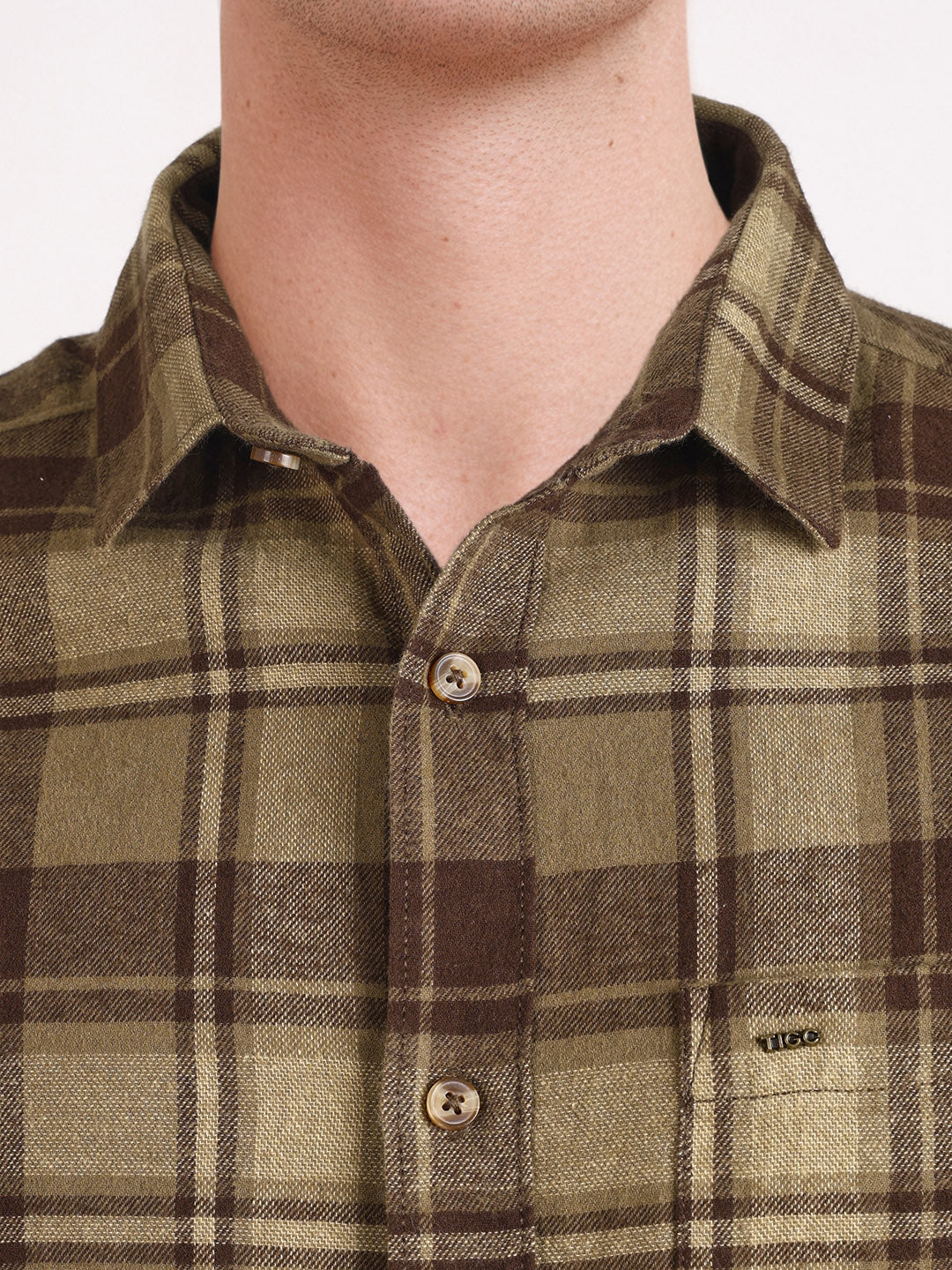 Men's Khaki Slim Fit Checkered Casual Shirt - Image 3