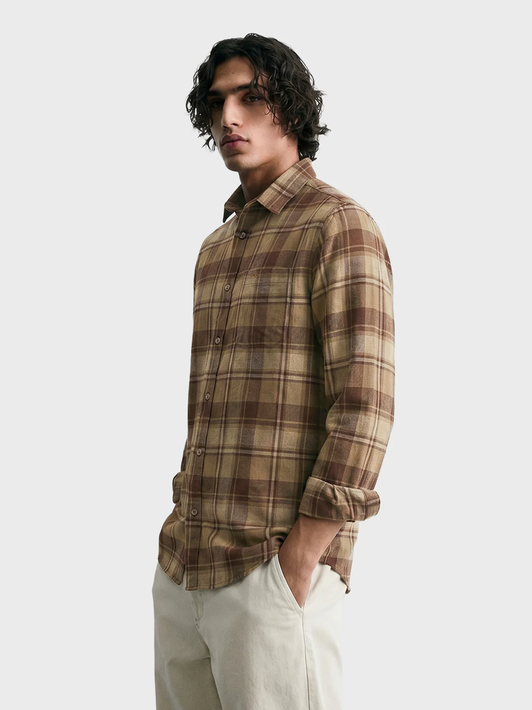 Men's Khaki Slim Fit Checkered Casual Shirt - Image 4
