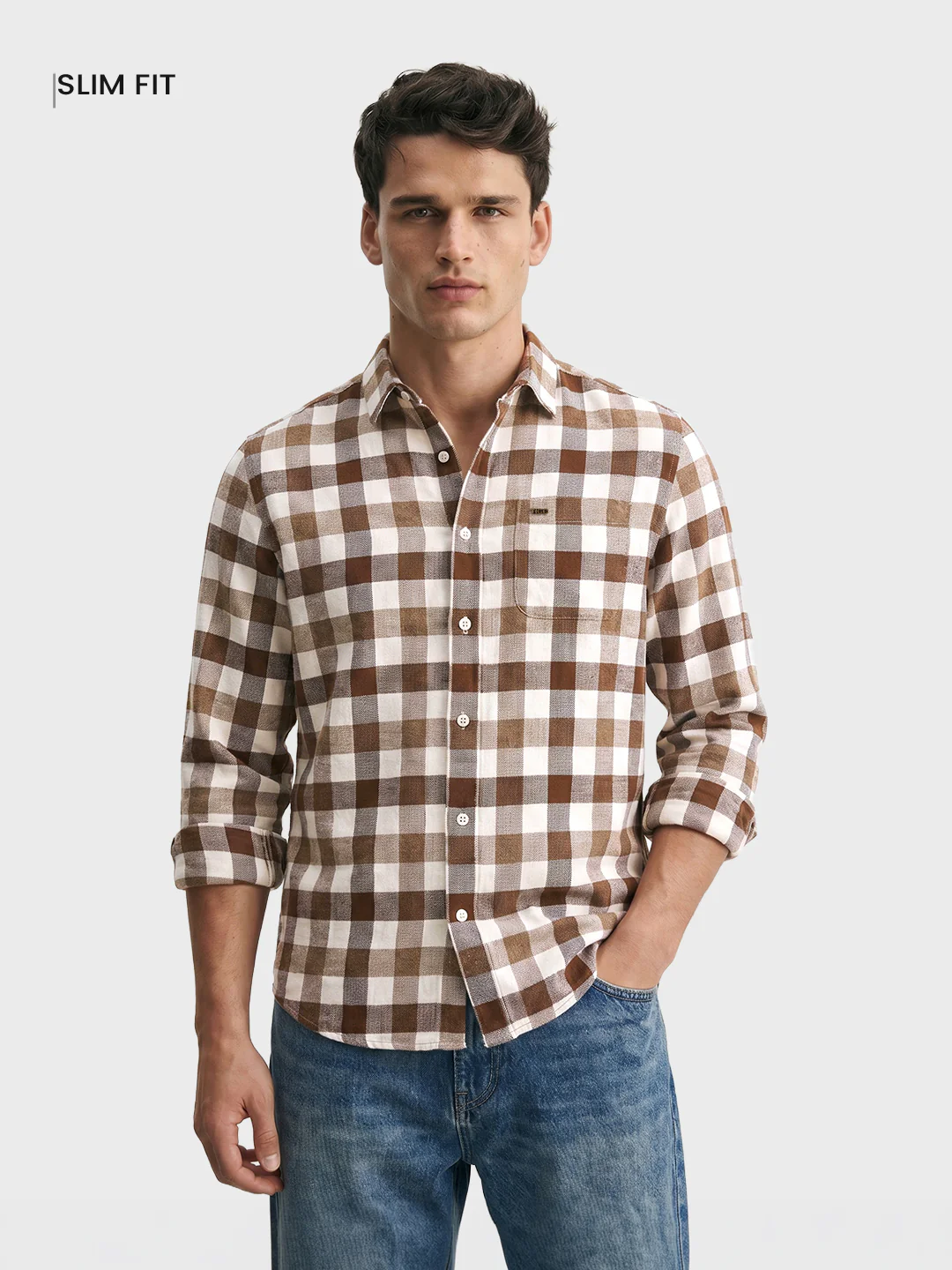 Men's Khaki Slim Fit Checkered Casual Shirt - Image 2
