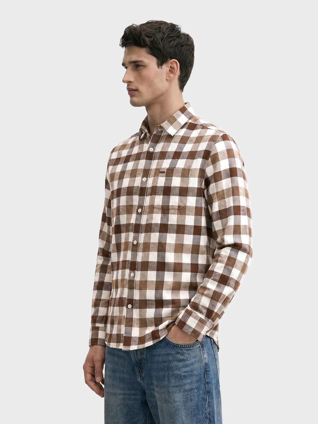 Men's Khaki Slim Fit Checkered Casual Shirt - Image 4