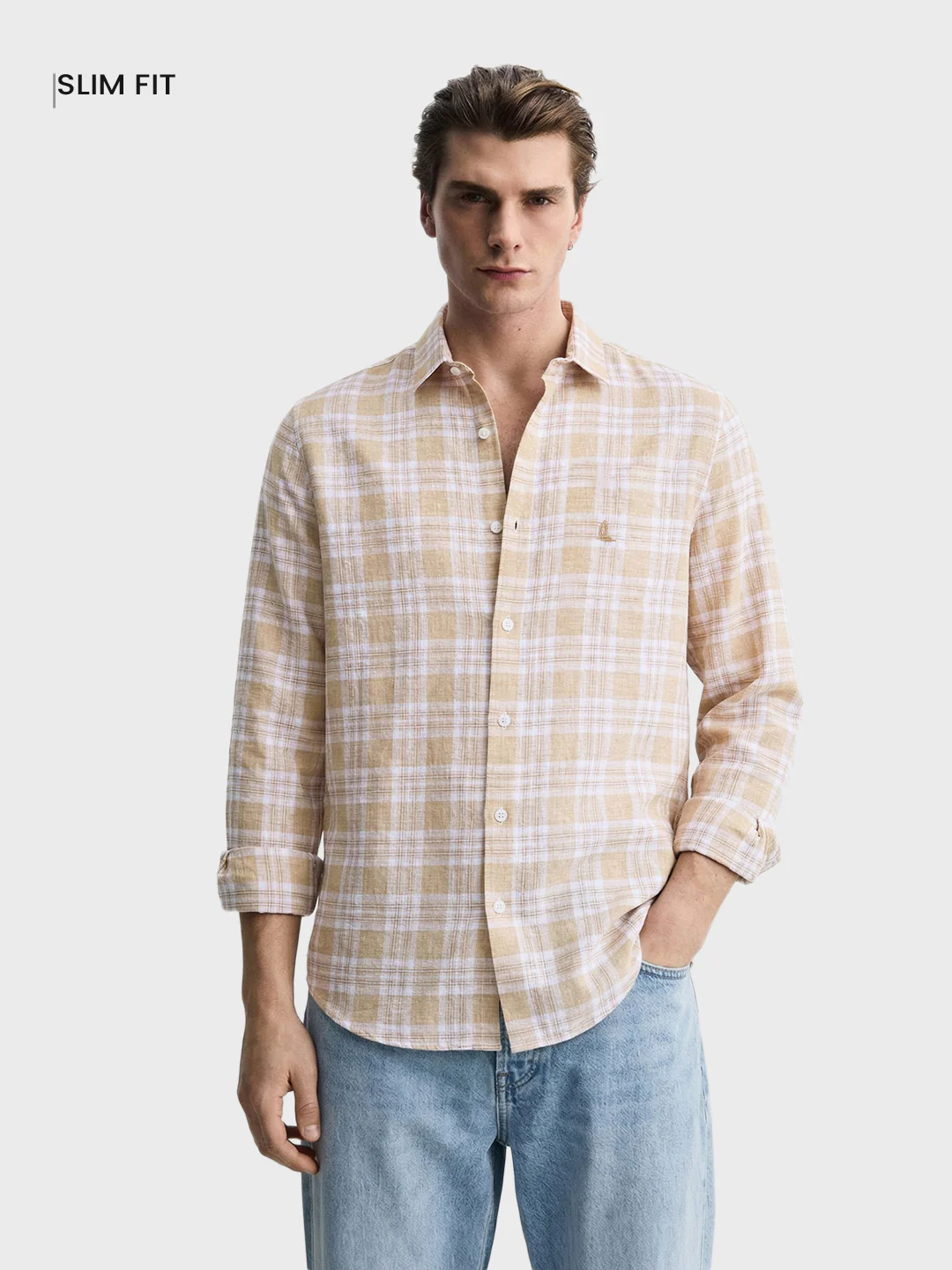 Men's Khaki Slim Fit Checkered Casual Shirt - Image 2