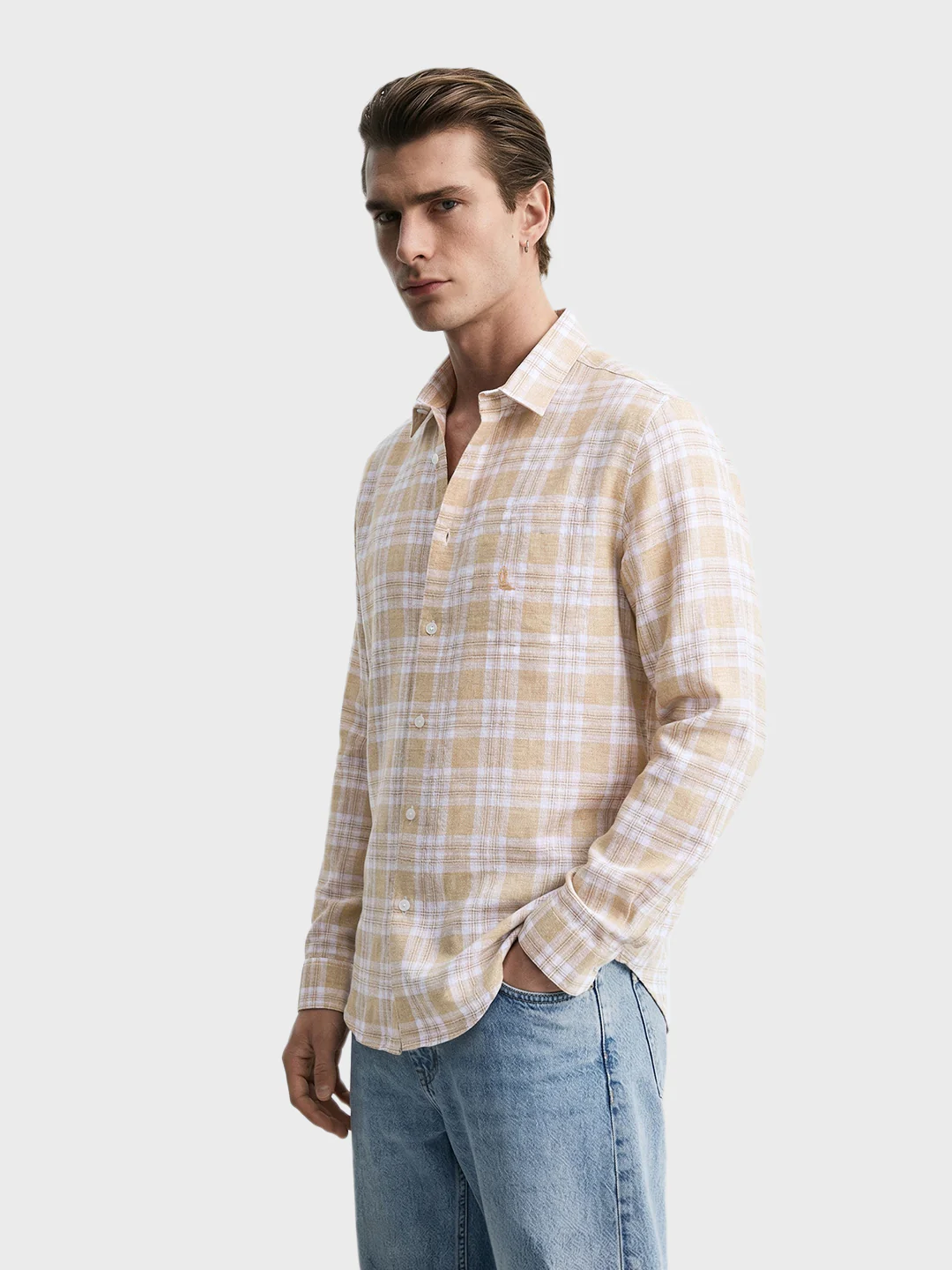 Men's Khaki Slim Fit Checkered Casual Shirt - Image 4