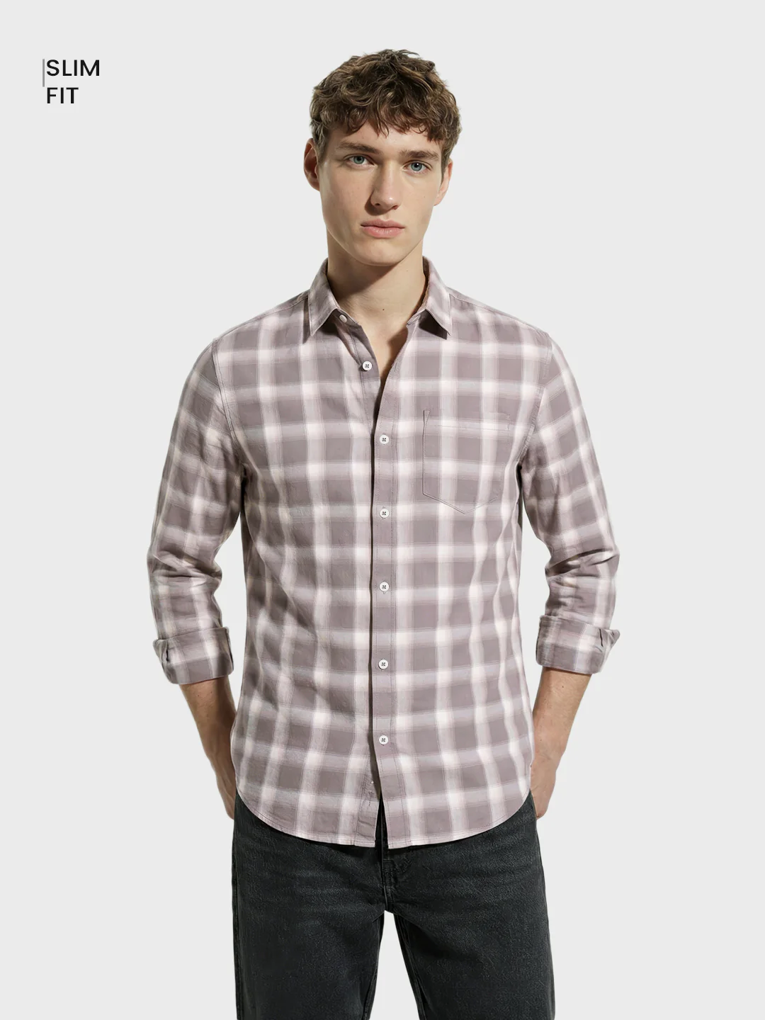 Men's Khaki Slim Fit Checkered Casual Shirt - Image 2