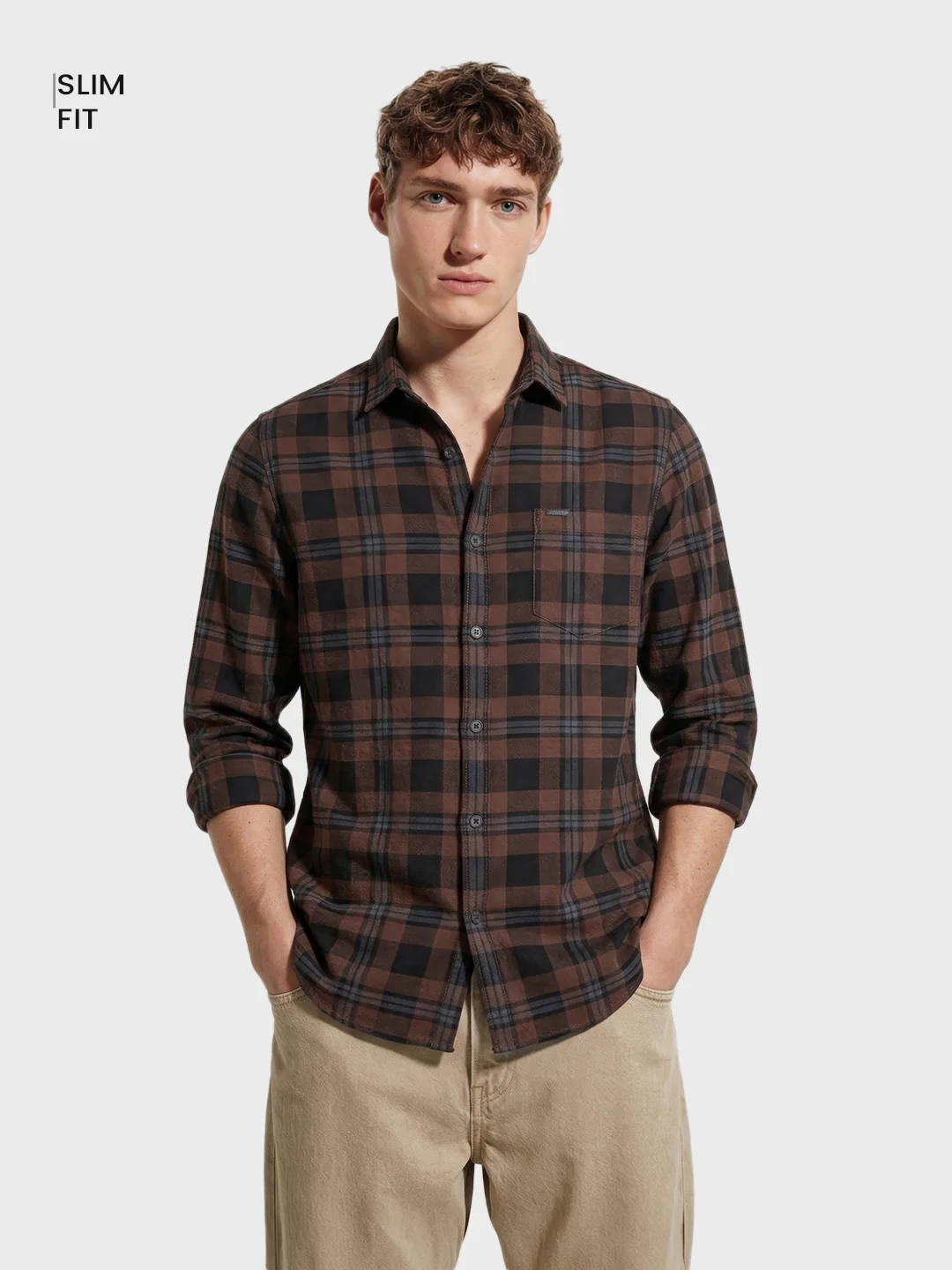 Men's Khaki Slim Fit Checkered Casual Shirt - Image 2