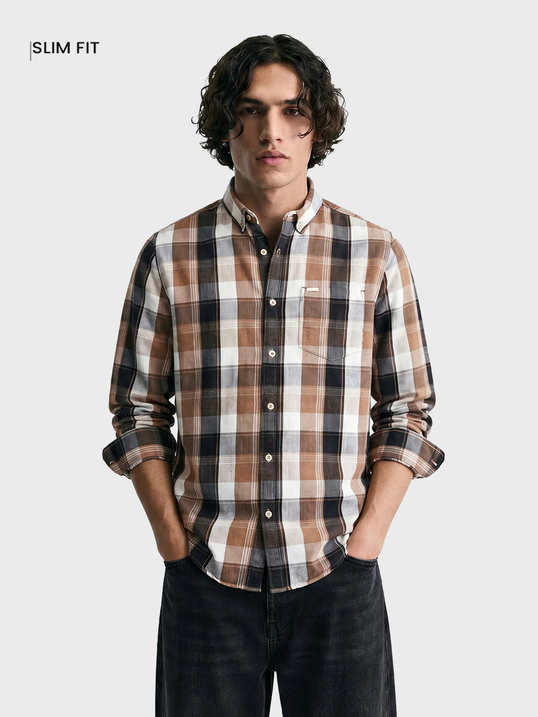Men's Khaki Slim Fit Checkered Casual Shirts - Image 2