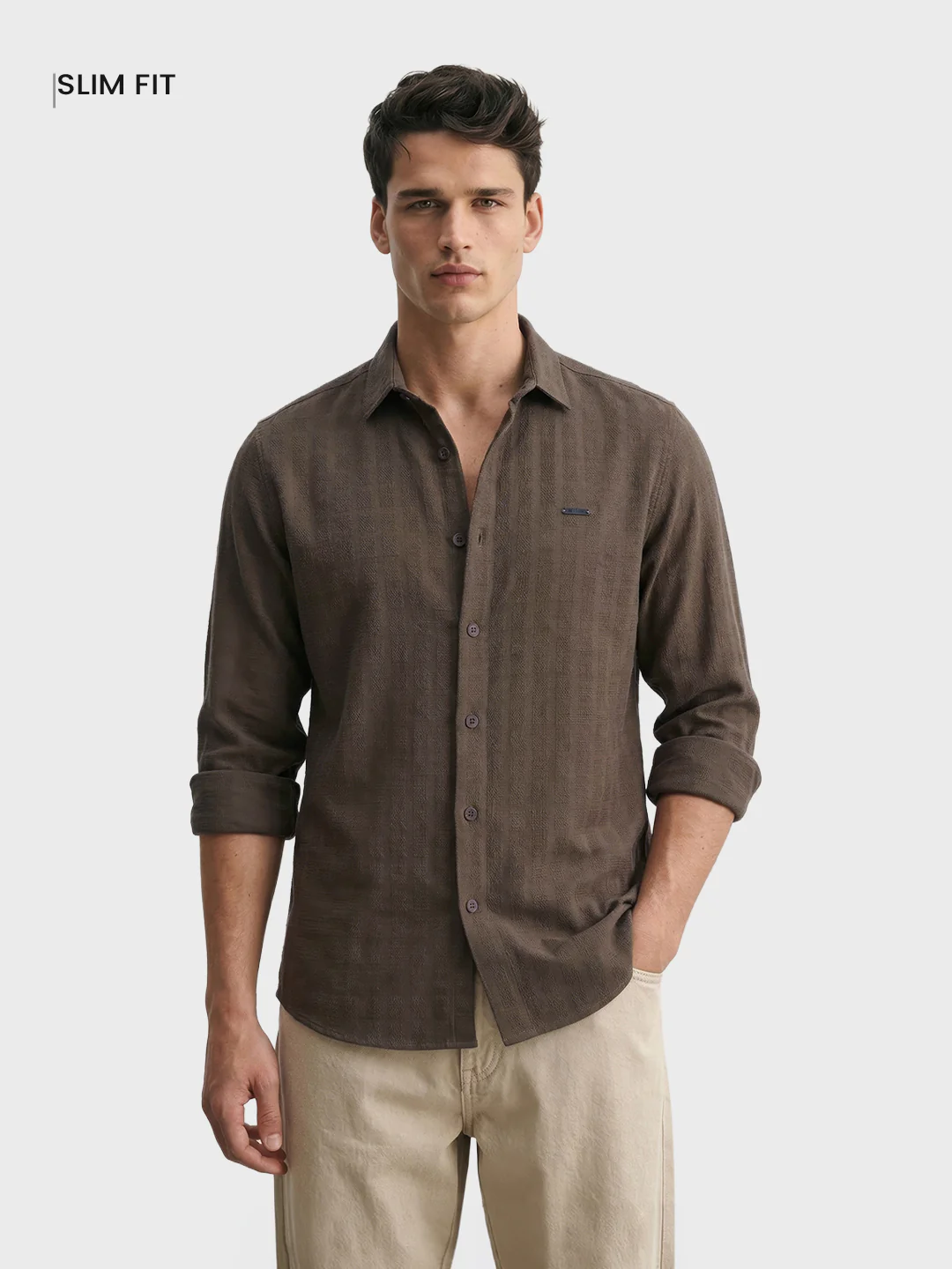 Men's Khaki Slim Fit Solid Casual Shirt - Image 2