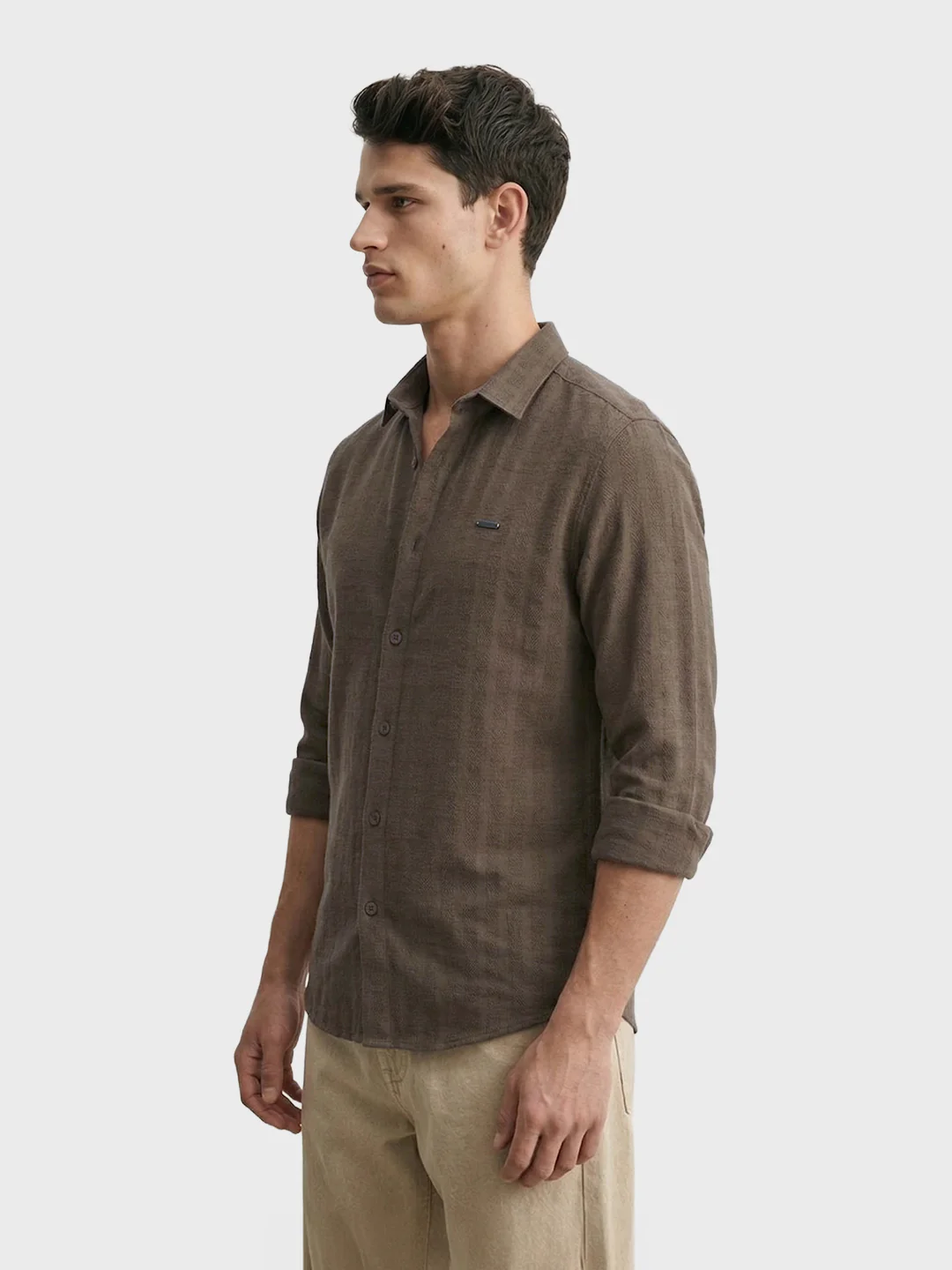 Men's Khaki Slim Fit Solid Casual Shirt - Image 4