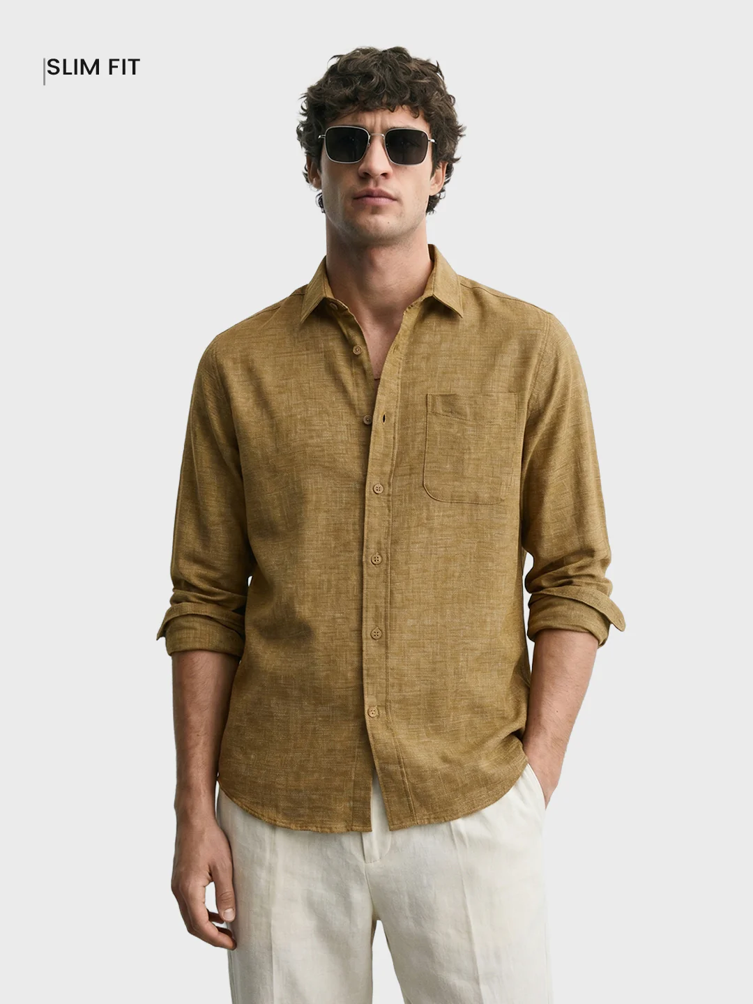 Men's Khaki Slim Fit Solid Casual Shirts - Image 2