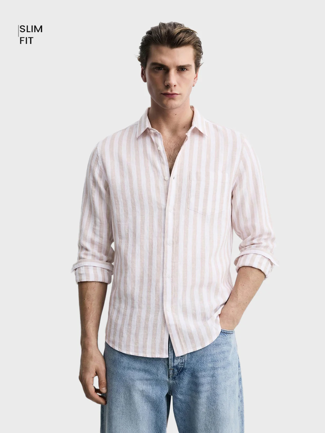Men's Khaki Slim Fit Striped Casual Shirt - Image 2