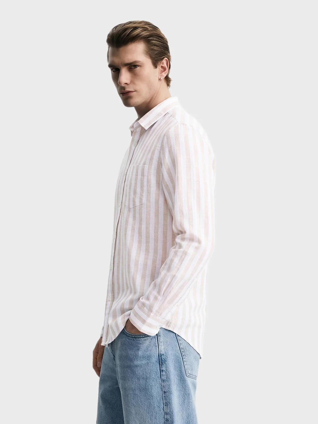 Men's Khaki Slim Fit Striped Casual Shirt - Image 4