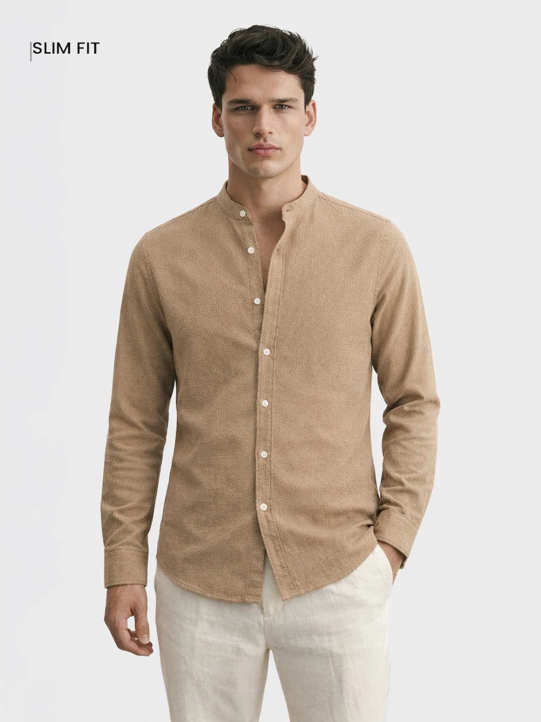 Men's Khaki Slim Fit Textured Casual Shirt - Image 2