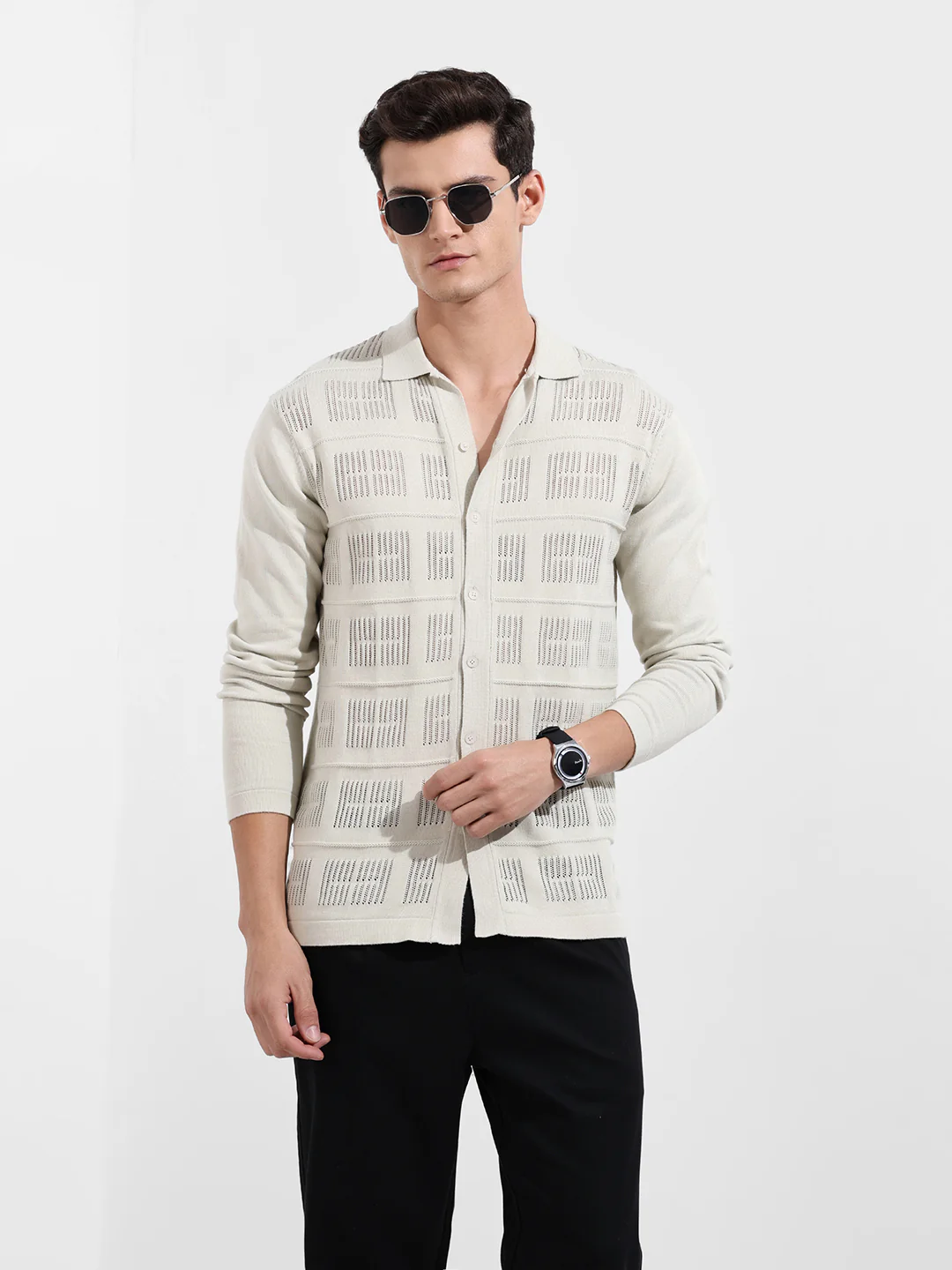 Men's Green Slim Fit Flat Knit Textured Shirt - Image 2