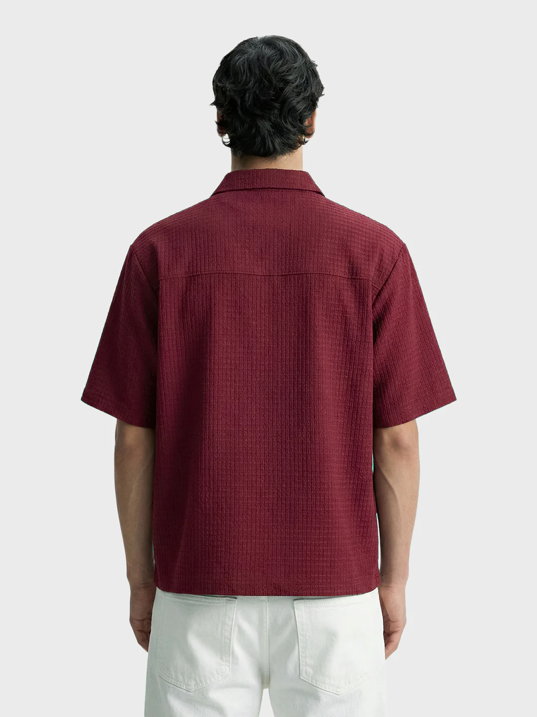 Men's Maroon Boxy Fit Textured Casual T-Shirt - Image 2
