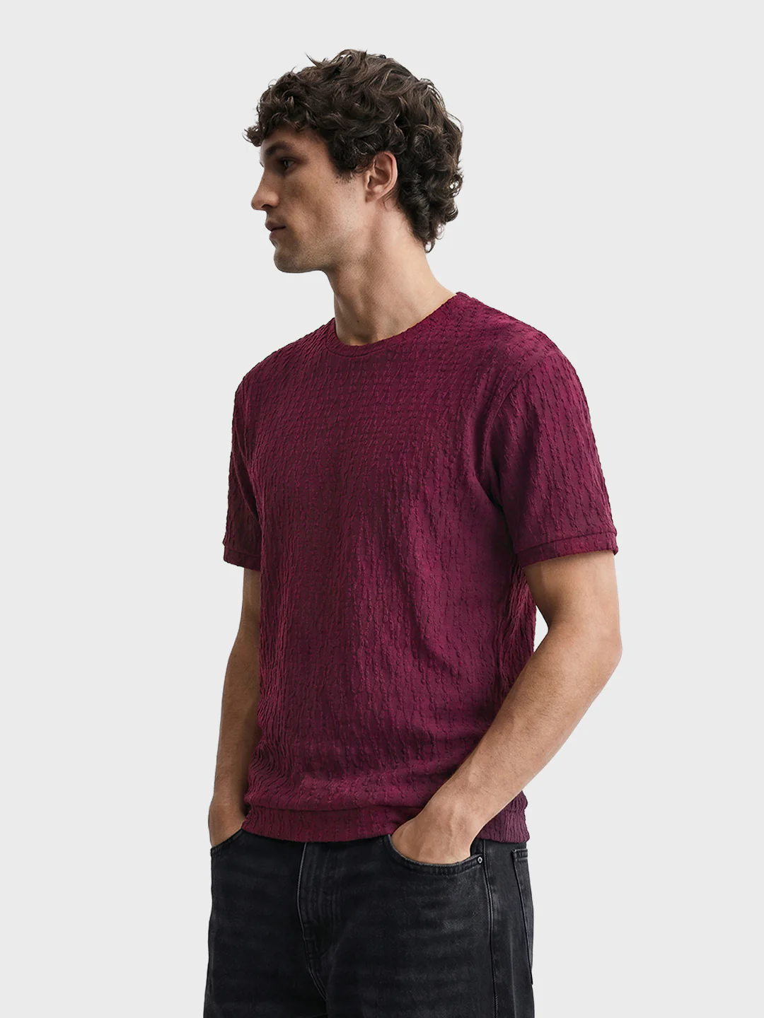 Men's Maroon Boxy Fit Textured Resort Wear T-Shirt - Image 2