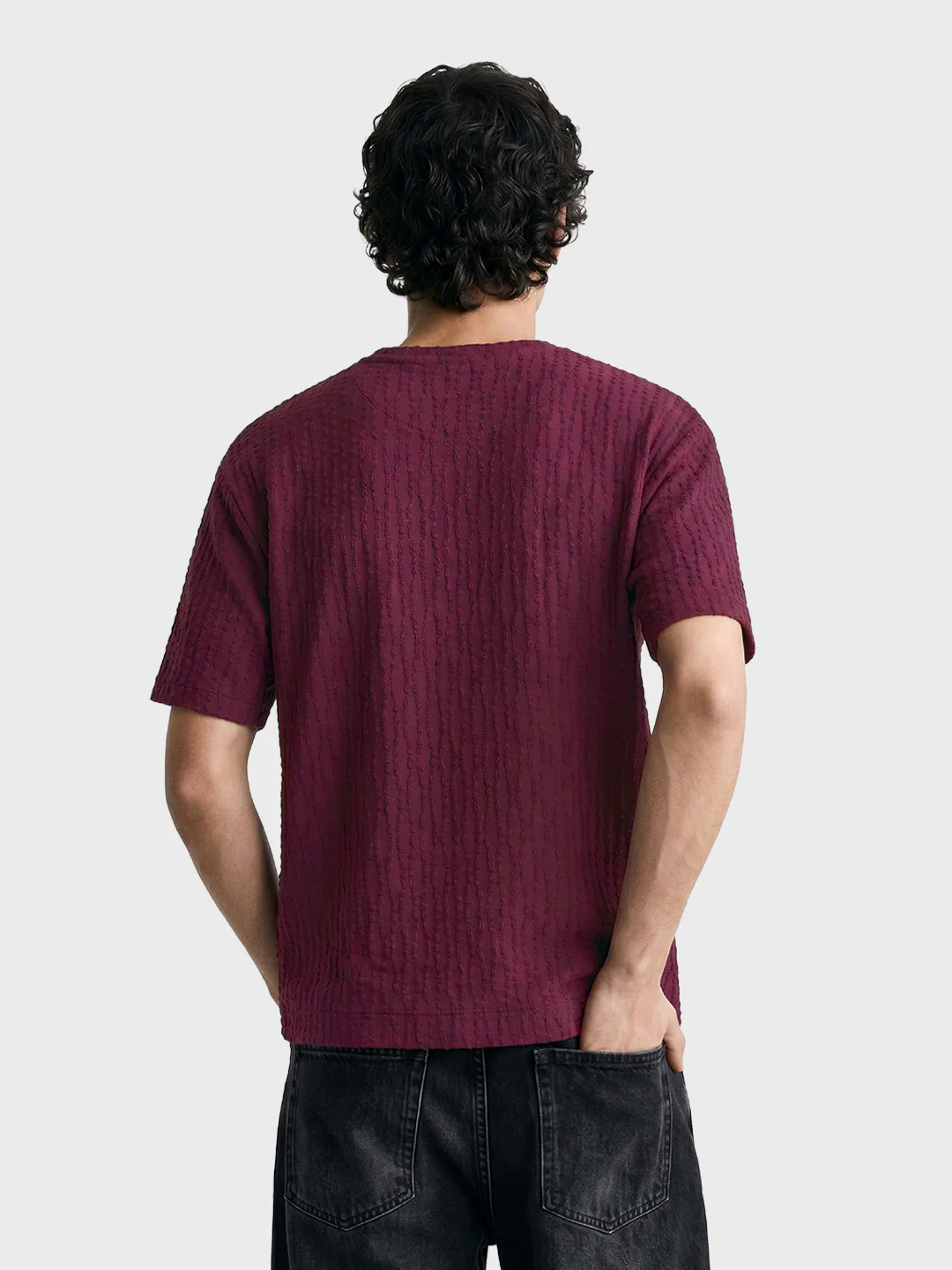 Men's Maroon Boxy Fit Textured Resort Wear T-Shirt - Image 3