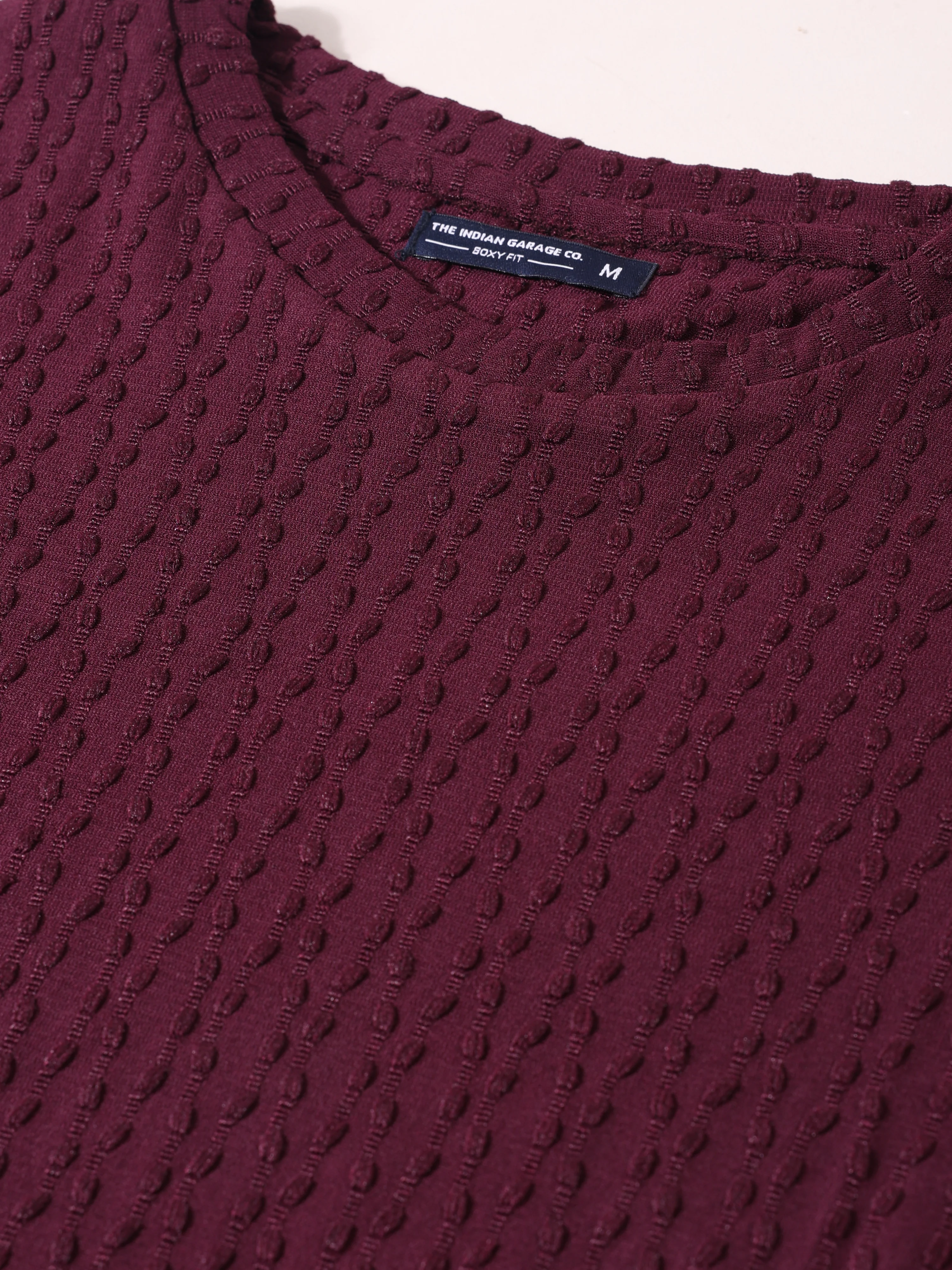 Men's Maroon Boxy Fit Textured Resort Wear T-Shirt - Image 6