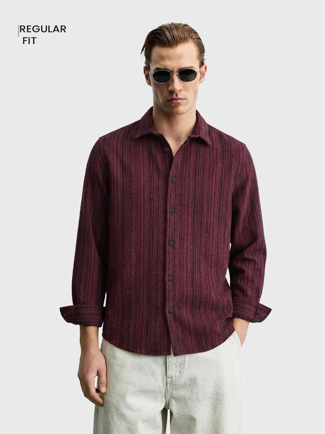 Men's Maroon Regular Fit Striped Casual Shirt - Image 2