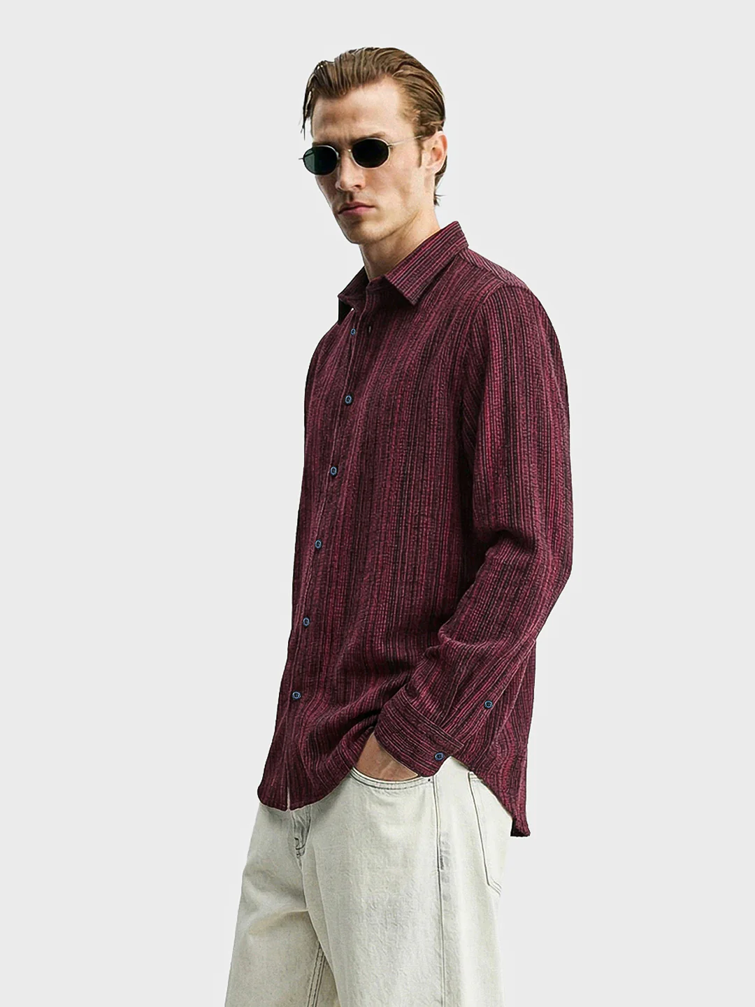 Men's Maroon Regular Fit Striped Casual Shirt - Image 4
