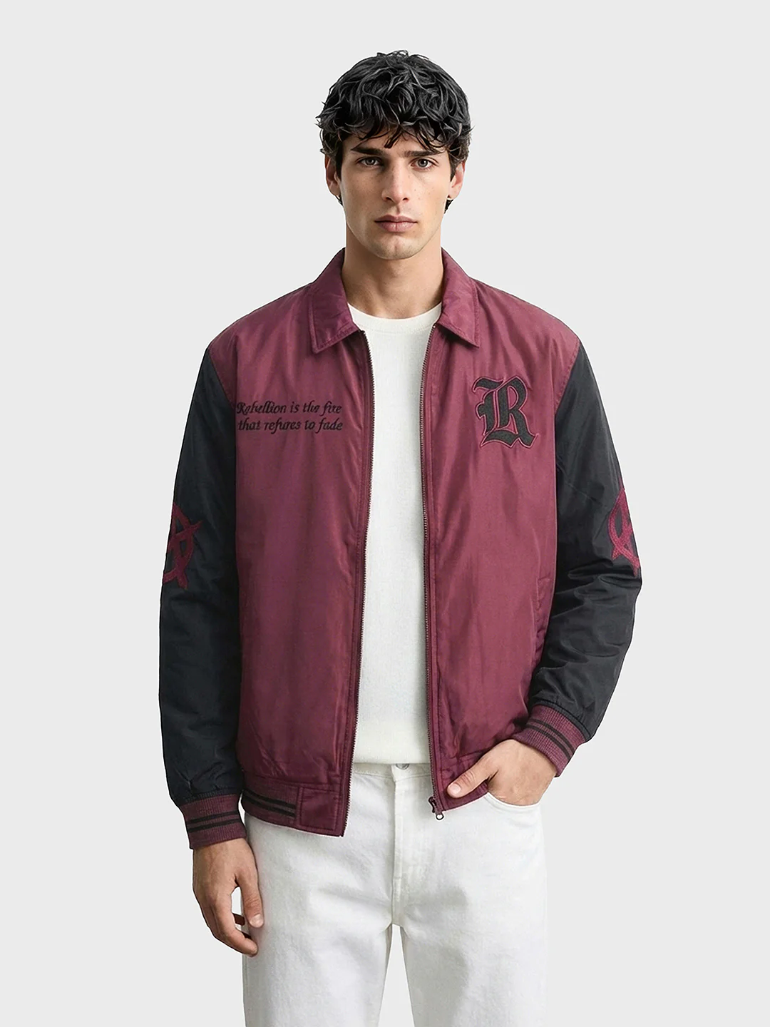 Men's Maroon Relaxed Fit Embroided Casual Jacket - Image 2