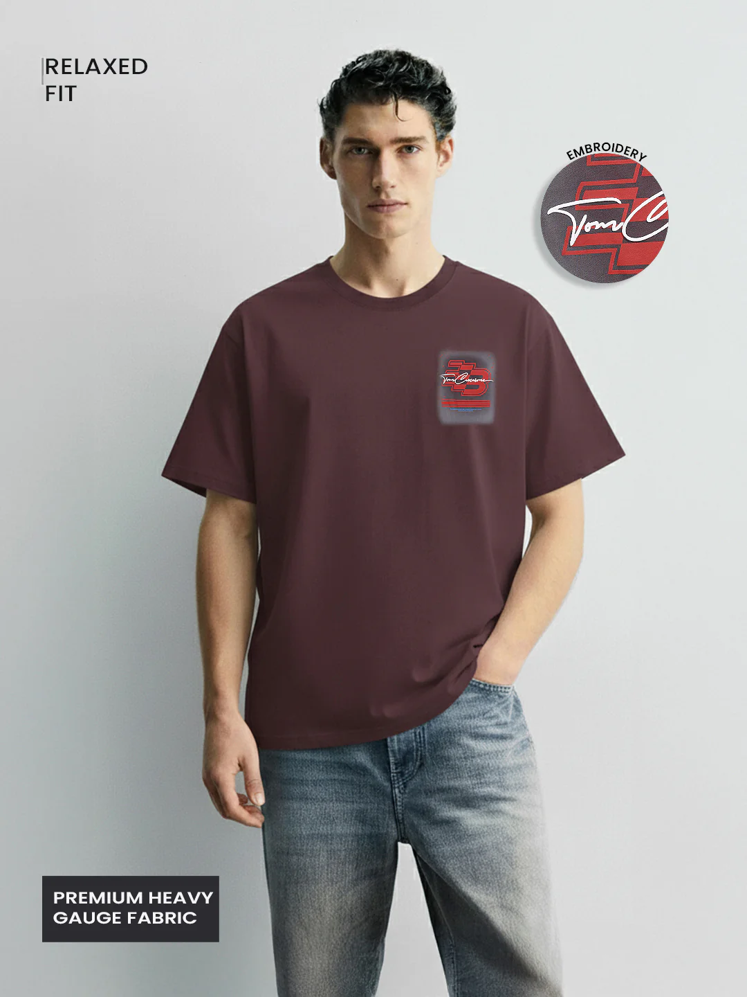Men's Maroon Relaxed Fit Embroided 240 GSM Casual T-Shirt - Image 3