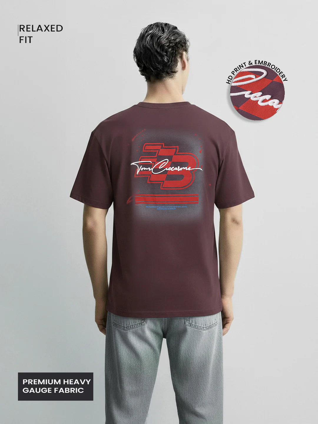 Men's Maroon Relaxed Fit Embroided 240 GSM Casual T-Shirt - Image 4