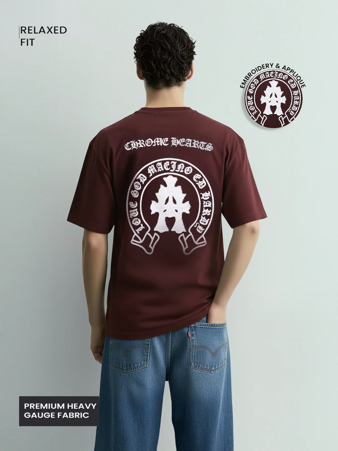 Men's Maroon Relaxed Fit Embroided 240 GSM Casual T-Shirt - Image 3