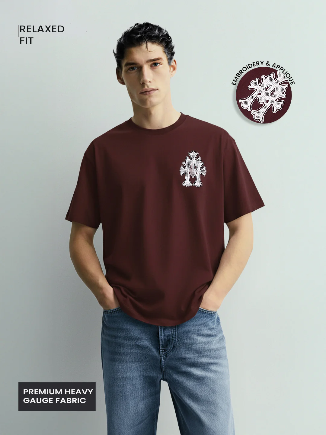 Men's Maroon Relaxed Fit Embroided 240 GSM Casual T-Shirt - Image 4