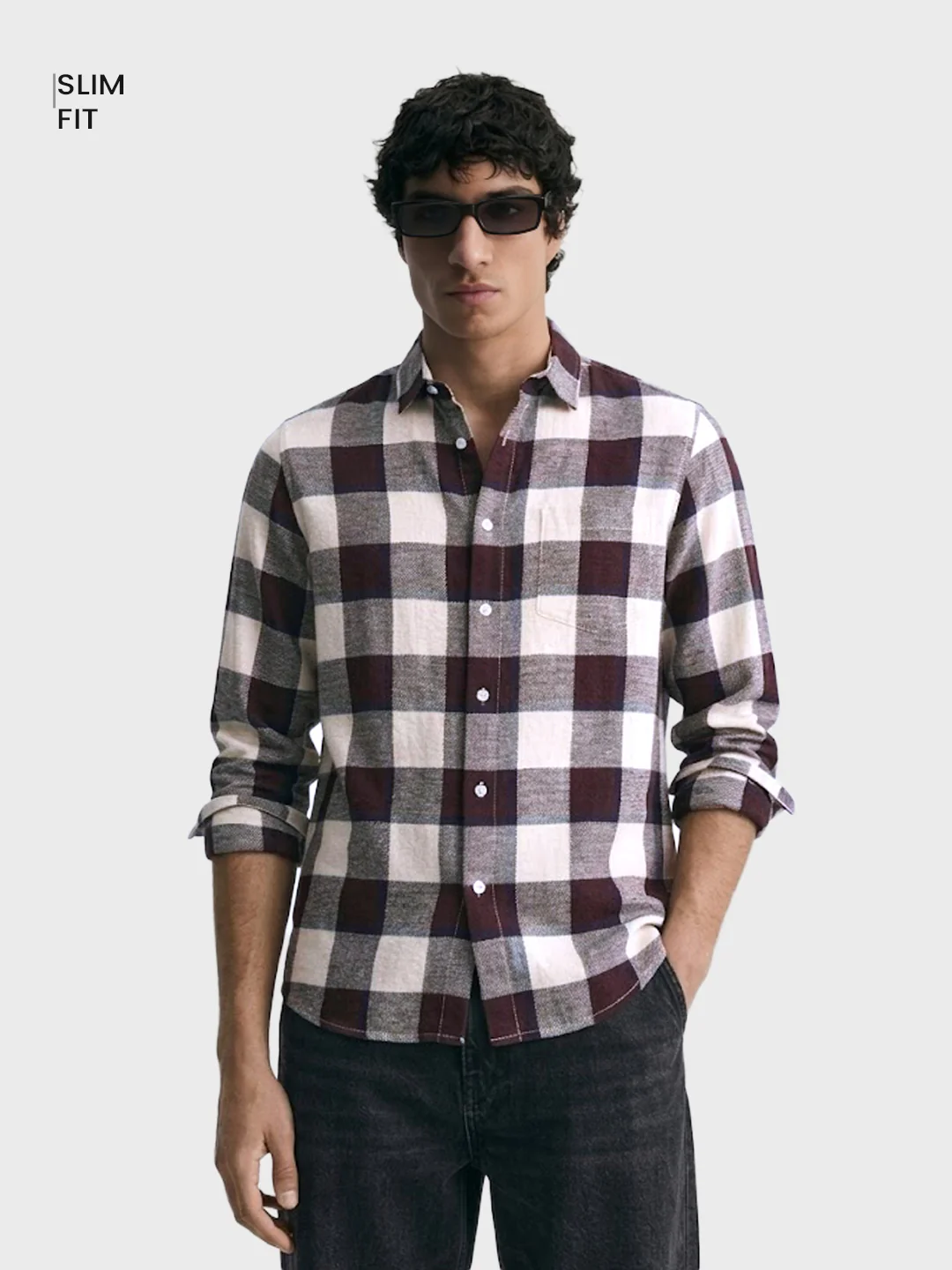 Men's Maroon Slim Fit Checked Casual Shirt - Image 2