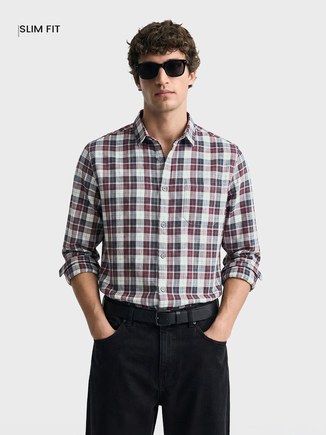 Men's Maroon Slim Fit Checkered Casual Shirt - Image 2