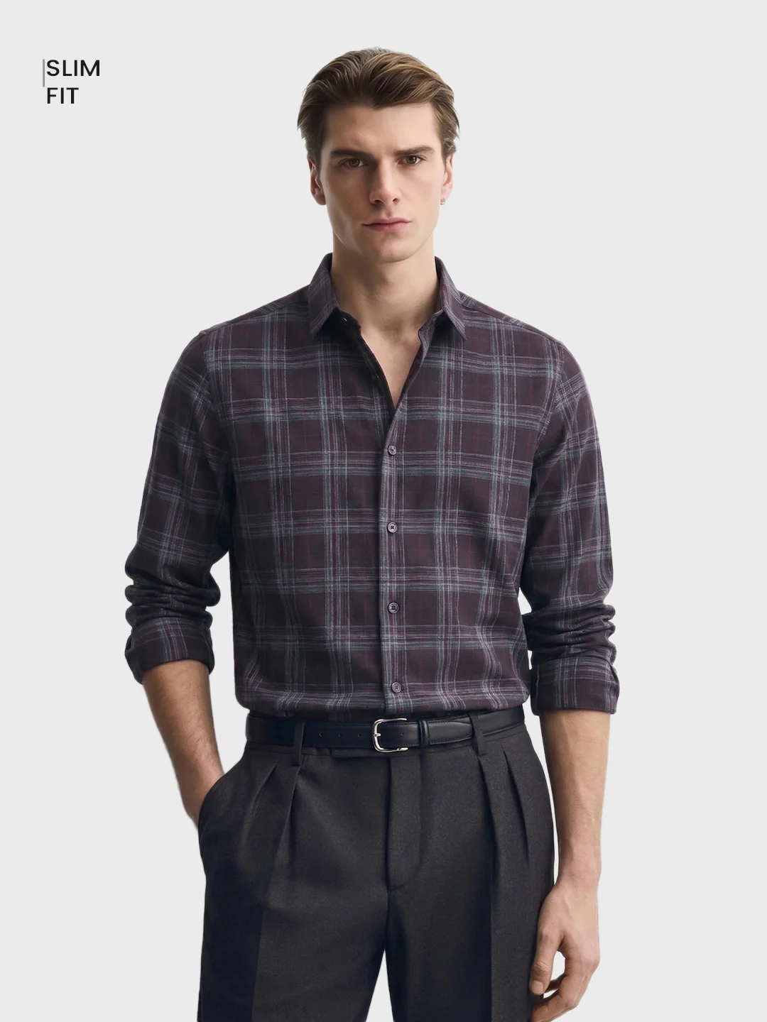 Men's Maroon Slim Fit Checked Casual Shirt - Image 2