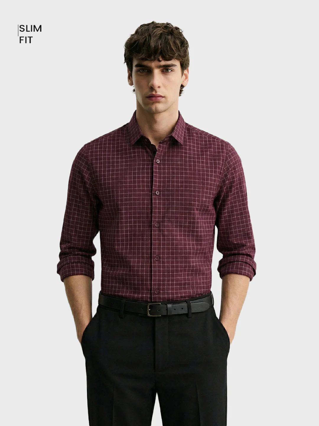 Men's Maroon Slim Fit Checked Casual Shirt - Image 2