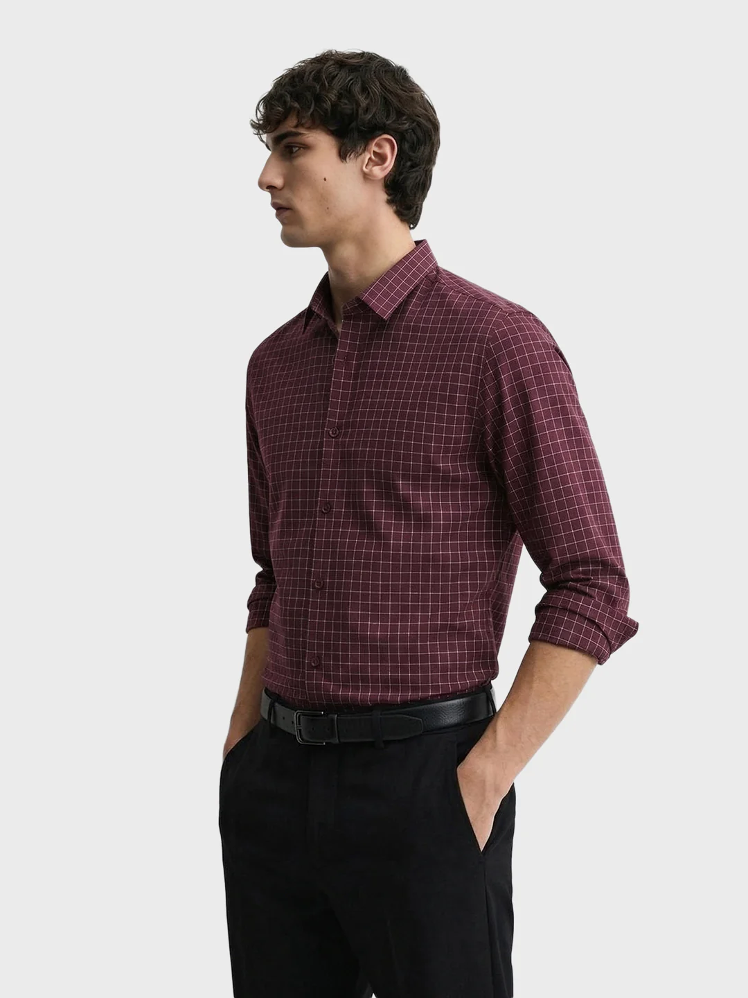 Men's Maroon Slim Fit Checked Casual Shirt - Image 3