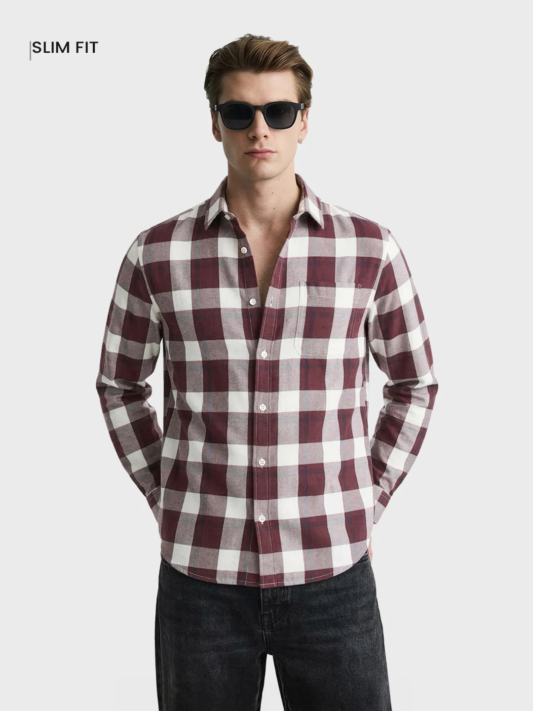 Men's Maroon Slim Fit Checkered Casual Shirt - Image 2