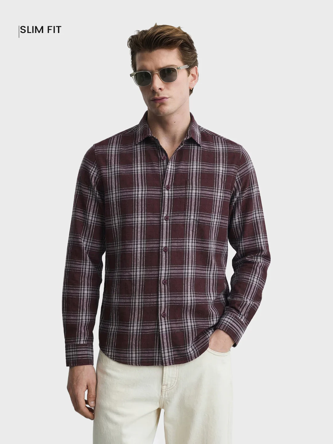 Men's Maroon Slim Fit Checkered Casual Shirt - Image 2