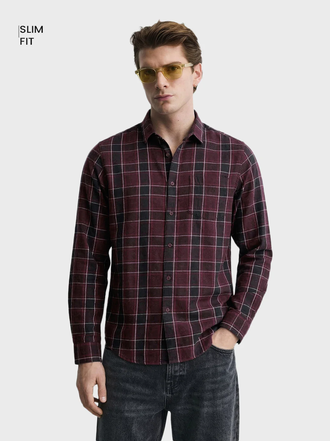Men's Maroon Slim Fit Checkered Casual Shirt - Image 2