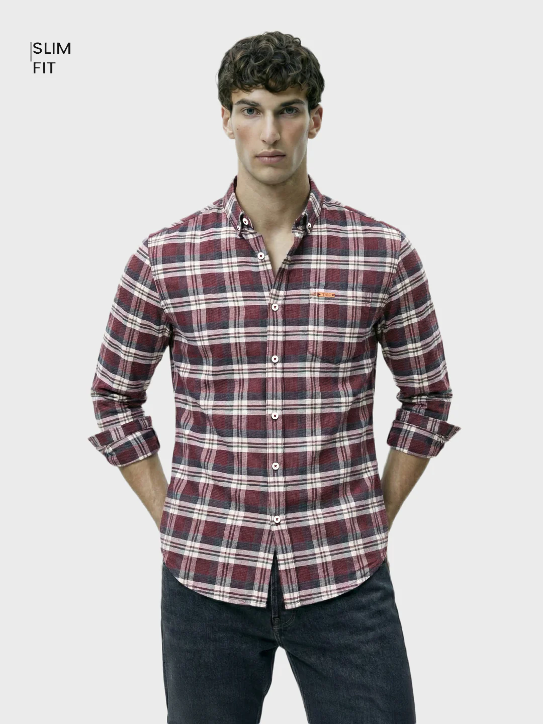 Men's Maroon Slim Fit Checkered Casual Shirt - Image 2