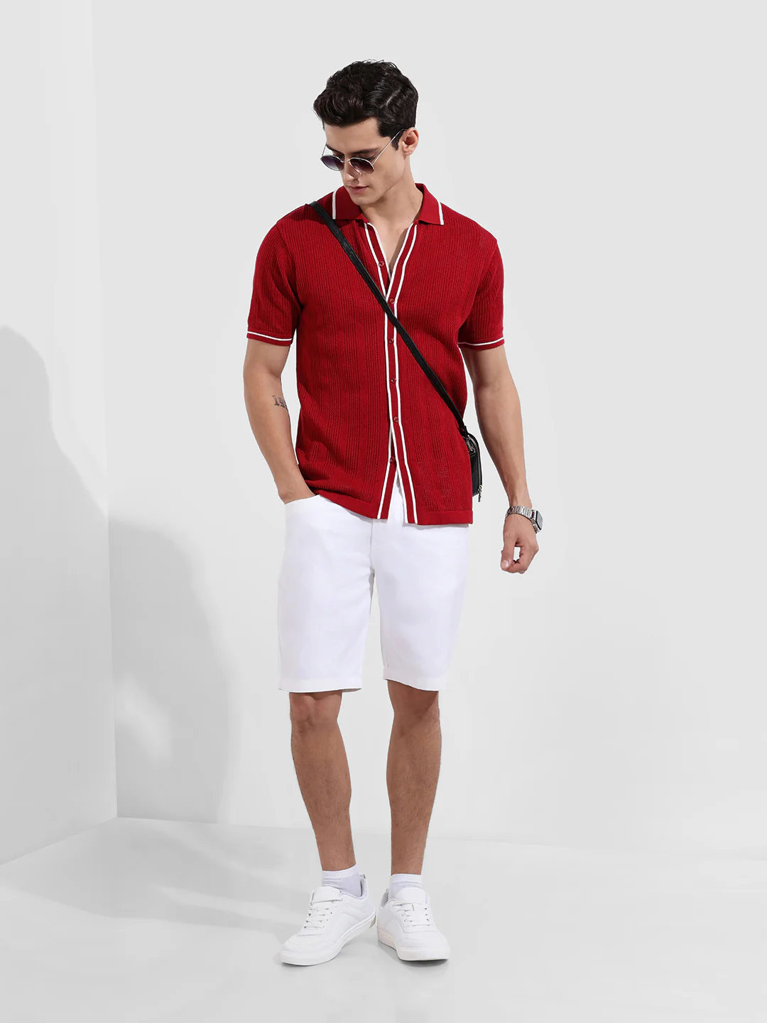 Men's Maroon Slim Fit Flat Knit Textured Shirt - Image 4
