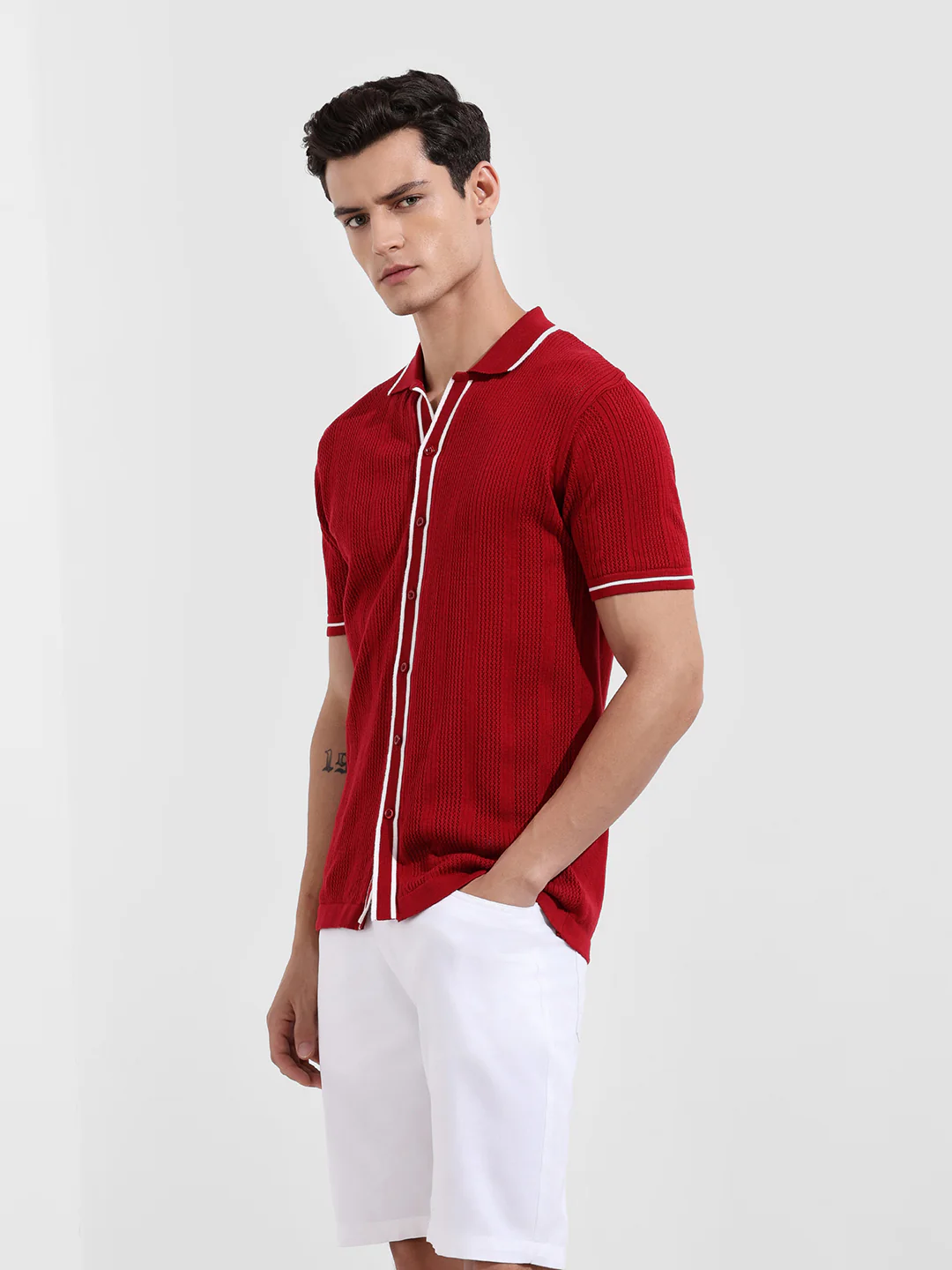 Men's Maroon Slim Fit Flat Knit Textured Shirt - Image 5