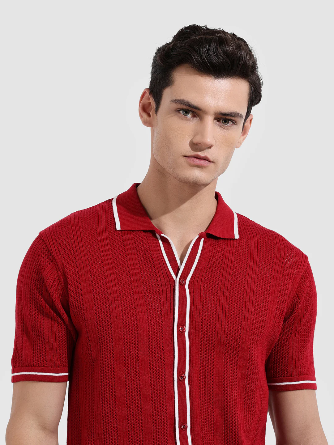 Men's Maroon Slim Fit Flat Knit Textured Shirt - Image 6