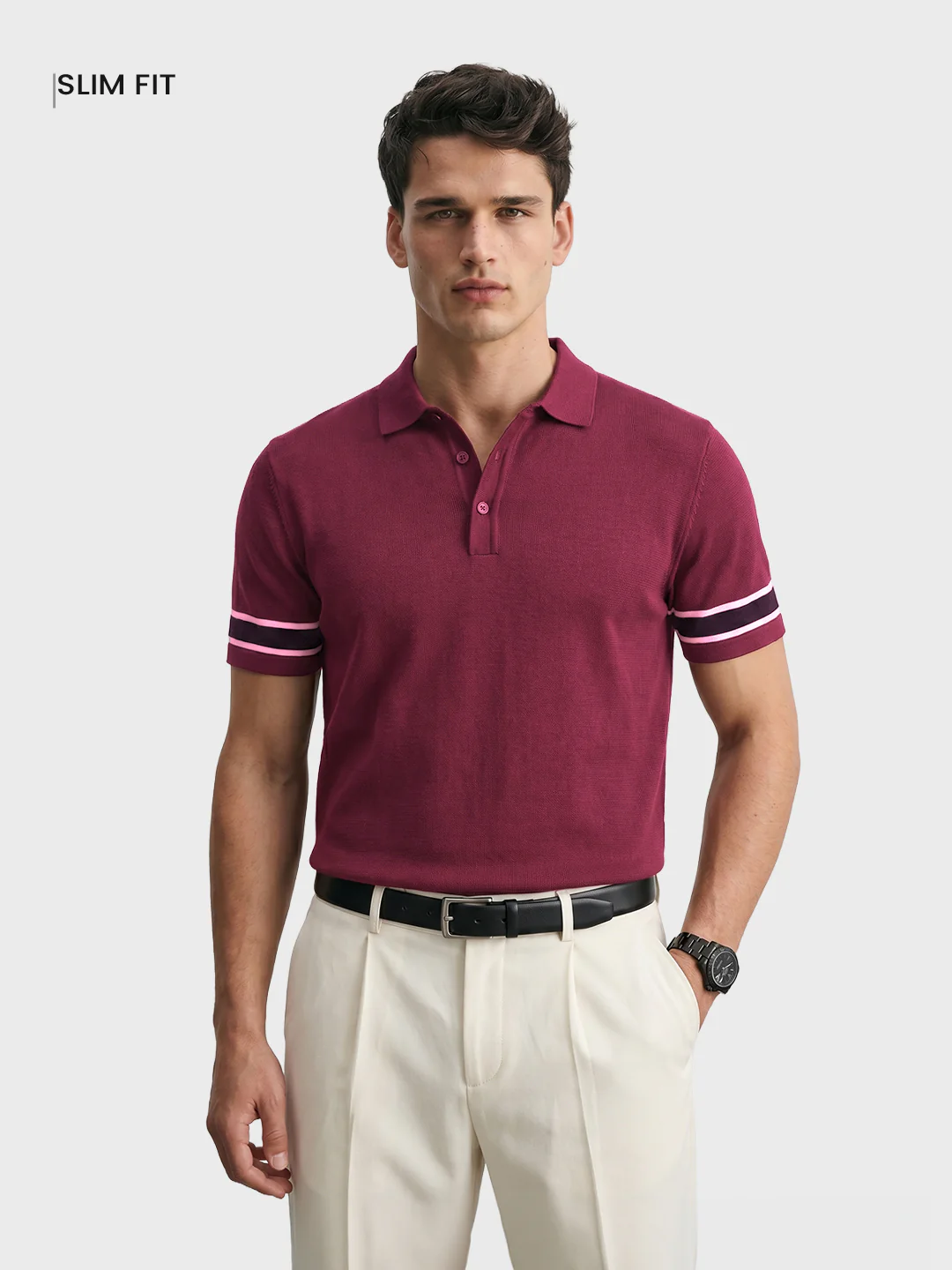 Men's Maroon Slim Fit Solid Casual T-Shirt - Image 2